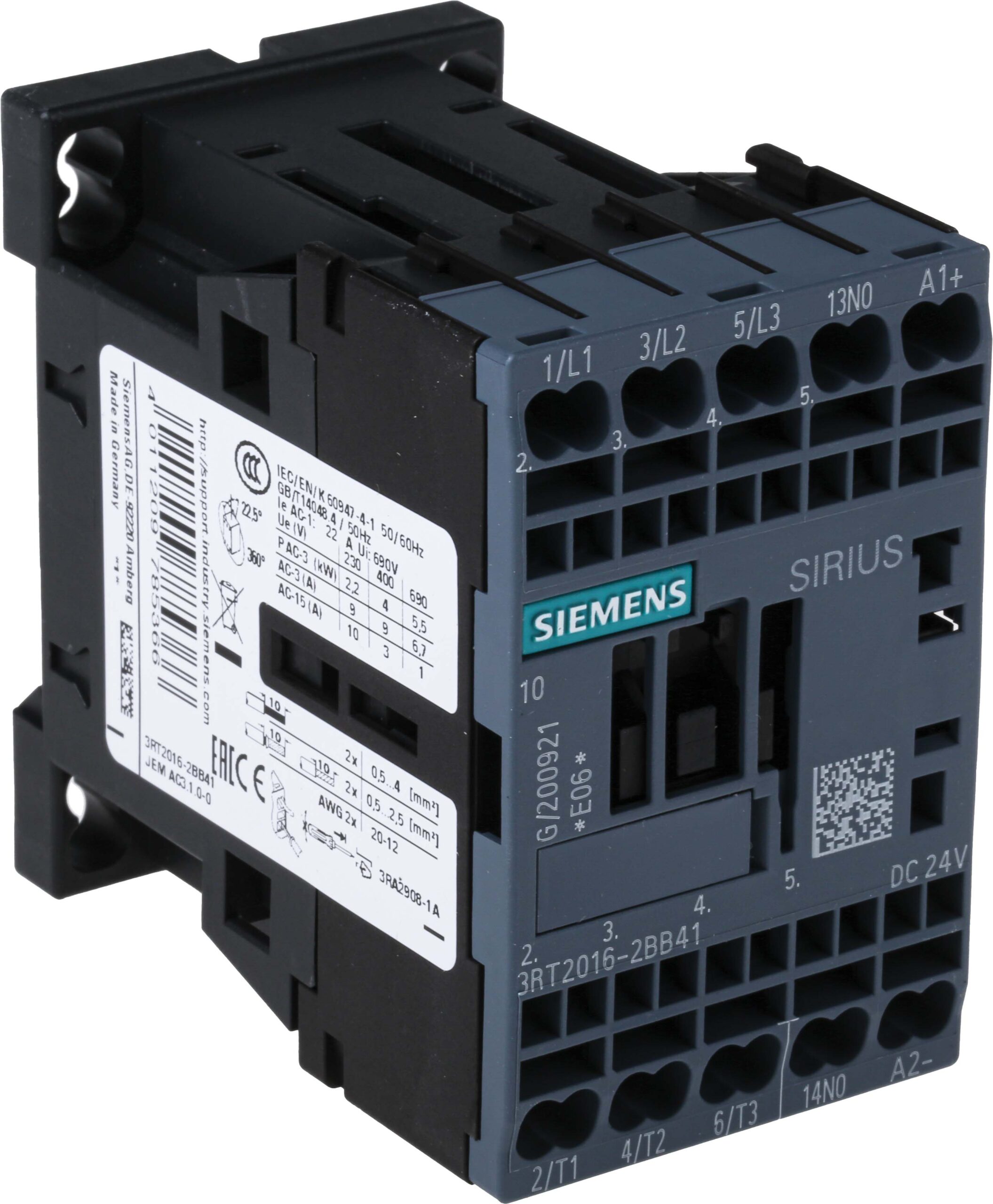 Contacteur Siemens 24VDC Mini 3P 4kW 1NO Référence 3RT2016-2BB41 Siemens